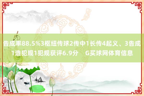 告成率88.5%3枢纽传球2传中1长传4起义、3告成1造犯规1犯规获评6.9分    G买球网体育信息