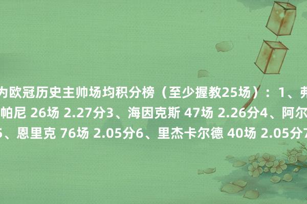 以下为欧冠历史主帅场均积分榜（至少握教25场）：1、弗里克 44场 2.30分2、孔帕尼 26场 2.27分3、海因克斯 47场 2.26分4、阿尔特塔 36场 2.17分5、恩里克 76场 2.05分6、里杰卡尔德 40场 2.05分7、瓜迪奥拉 191场 2.04分8、王人达内 53场 2.02分9、范加尔 95场 1.97分10、图赫尔 67场 1.96分    体育赛事直播